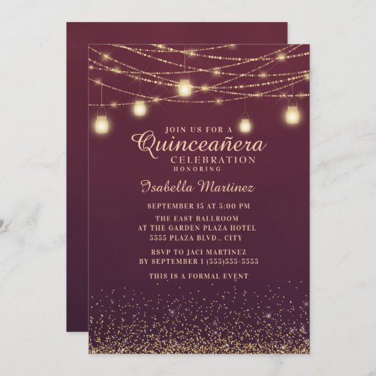 Burgundy Gold Glitter String Lights Quinceañera Kaart (Voorkant / Achterkant)
