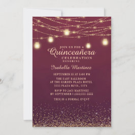 Burgundy Gold Glitter String Lights Quinceañera Kaart