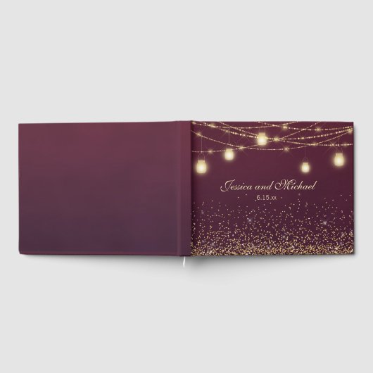 Burgundy Gold Glitter String Lights Wedding Gastenboek (Volledig)