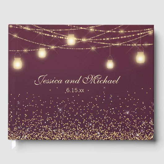 Burgundy Gold Glitter String Lights Wedding Gastenboek (Voorkant)