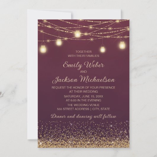 Burgundy Gold Glitter String Lights Wedding Kaart (Voorkant)