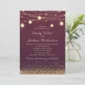 Burgundy Gold Glitter String Lights Wedding Kaart (Staand voorkant)
