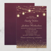 Burgundy Gold Glitter String Lights Wedding Kaart (Voorkant / Achterkant)