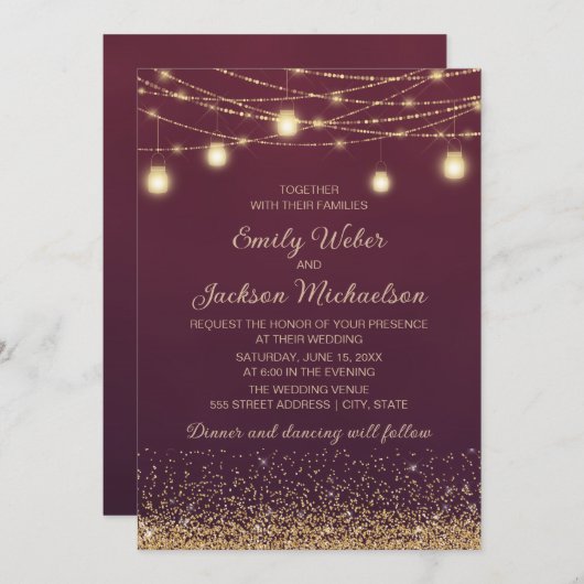 Burgundy Gold Glitter String Lights Wedding Kaart (Voorkant / Achterkant)