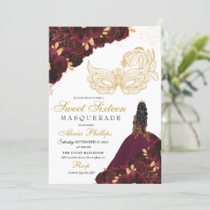 Burgundy Gold Glitter Sweet 16 Masquerade Kaart