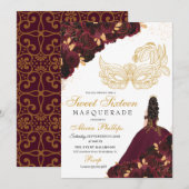 Burgundy Gold Glitter Sweet 16 Masquerade Kaart (Voorkant / Achterkant)