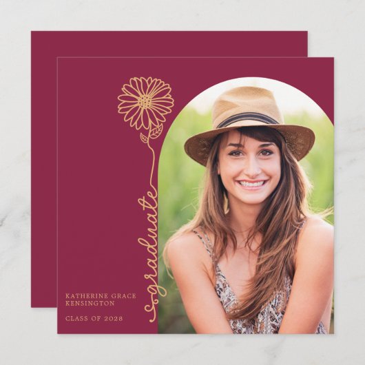 Burgundy Gold Handwrite Floral Photo Afstuderen Kaart (Voorkant / Achterkant)