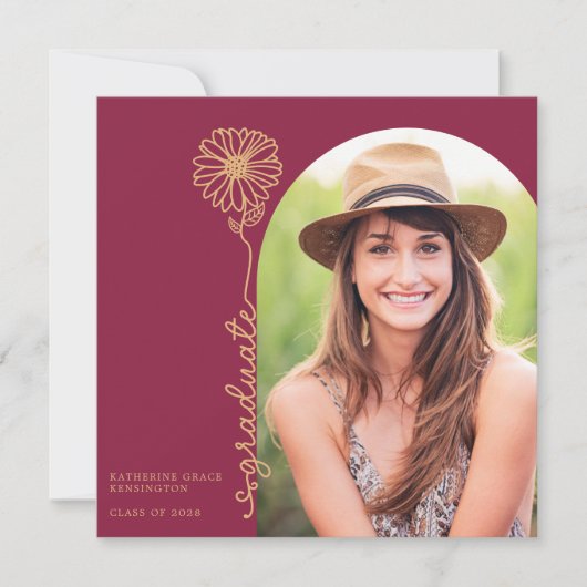 Burgundy Gold Handwrite Floral Photo Afstuderen Kaart (Voorkant)