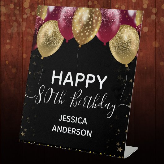 Burgundy Gold Happy 80th Birthday Pedestal Sign Reclamebord Met Voetstuk