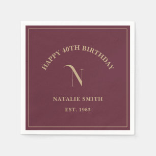 Burgundy Gold Happy Birthday Monogram Initiaal Servet