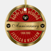 Burgundy & Gold Hearts 50th Wedding Jubileum Keramisch Ornament (Voorkant)