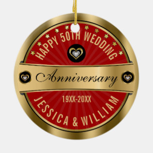 Burgundy & Gold Hearts 50th Wedding Jubileum Keramisch Ornament