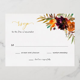 Burgundy Gold Herfst Floral Rustic Wedding RSVP-ka Folie Uitnodiging Briefkaart