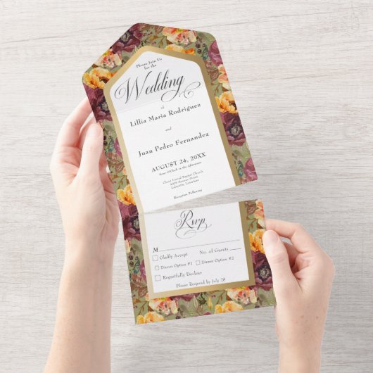 Burgundy & Gold Jewel Floral Green Dinner All In One Uitnodiging (Afscheurbaar)
