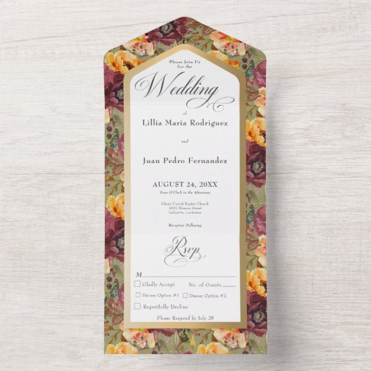 Burgundy & Gold Jewel Floral Green Dinner All In One Uitnodiging (Binnen)