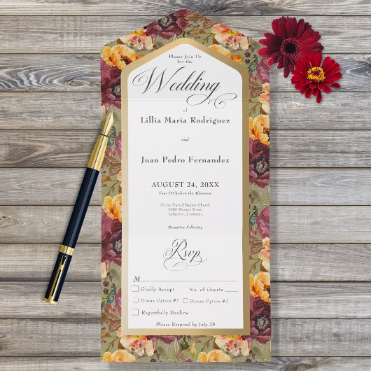 Burgundy & Gold Jewel Floral Green Dinner All In One Uitnodiging