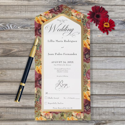 Burgundy & Gold Jewel Floral Green No Dinner All In One Uitnodiging