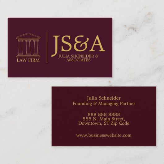 Burgundy Gold Justice Columns Law Firm Visitekaartje (Voorkant / Achterkant)