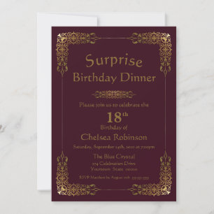 Burgundy Gold Lace Surprise 18th Birthday Dinner Kaart