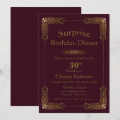 Burgundy Gold Lace Surprise 30th Birthday Dinner Kaart (Voorkant / Achterkant)