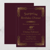 Burgundy Gold Lace Surprise 40th Birthday Dinner Kaart (Voorkant / Achterkant)