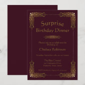 Burgundy Gold Lace Surprise Birthday Dinner Invite Kaart (Voorkant / Achterkant)