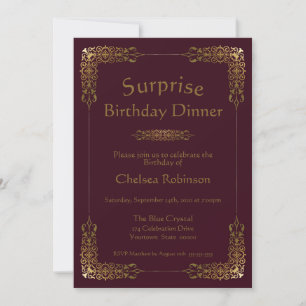 Burgundy Gold Lace Surprise Birthday Dinner Invite Kaart
