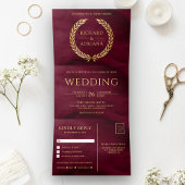 Burgundy Gold Laurel Minimal All in One Wedding Drieluik Uitnodiging