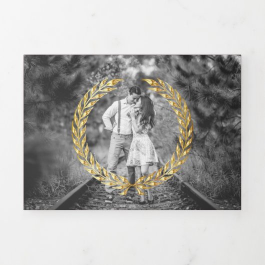 Burgundy Gold Laurel Minimal All in One Wedding Drieluik Uitnodiging (Cover)