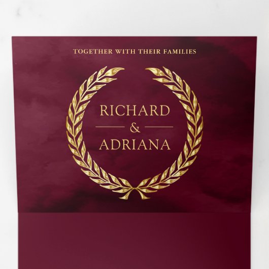Burgundy Gold Laurel Minimal All in One Wedding Drieluik Uitnodiging (Binnenzijde eerst)