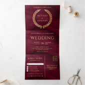 Burgundy Gold Laurel Minimal All in One Wedding Drieluik Uitnodiging (Binnen)