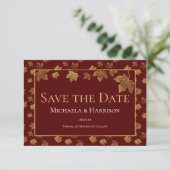 Burgundy & Gold Leaf Save the Date Kaart (Staand voorkant)