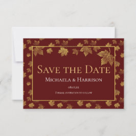 Burgundy & Gold Leaf Save the Date Kaart