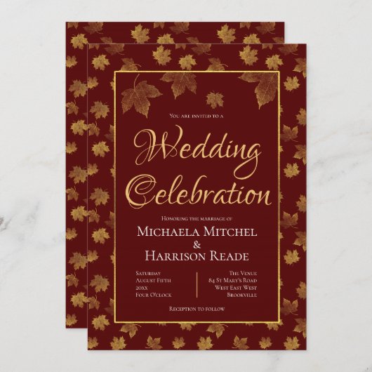 Burgundy & Gold Leaf Wedding Celebration Kaart (Voorkant / Achterkant)