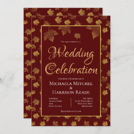 Burgundy & Gold Leaf Wedding Celebration Kaart