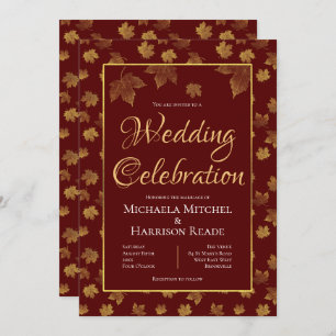 Burgundy & Gold Leaf Wedding Celebration Kaart
