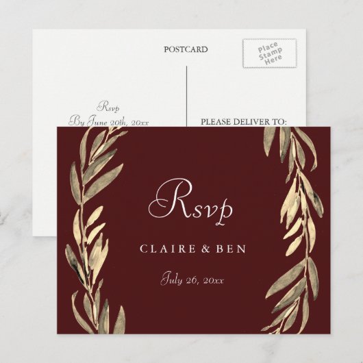 Burgundy Gold Leaf Wreath Wedding RSVP Briefkaart (Voorkant / Achterkant)