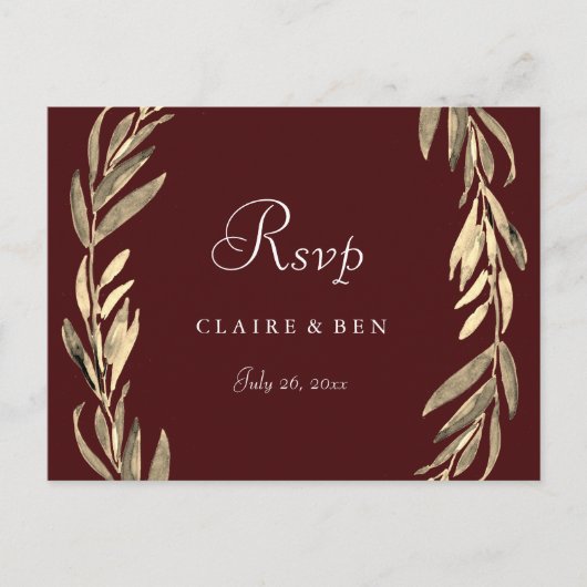 Burgundy Gold Leaf Wreath Wedding RSVP Briefkaart (Voorkant)