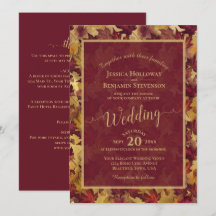 Burgundy & Gold Leaves Calligraphy QR Code Wedding