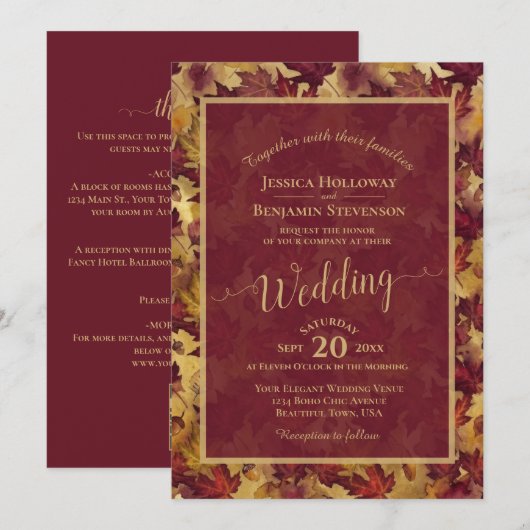 Burgundy & Gold Leaves Calligraphy QR Code Wedding Kaart (Voorkant / Achterkant)