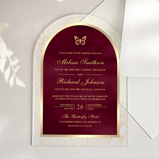 Burgundy Gold Line Art Arch Butterfly Wedding Acryl Uitnodigingen