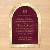 Burgundy Gold Line Art Arch Butterfly Wedding Acryl Uitnodigingen (Voorkant)