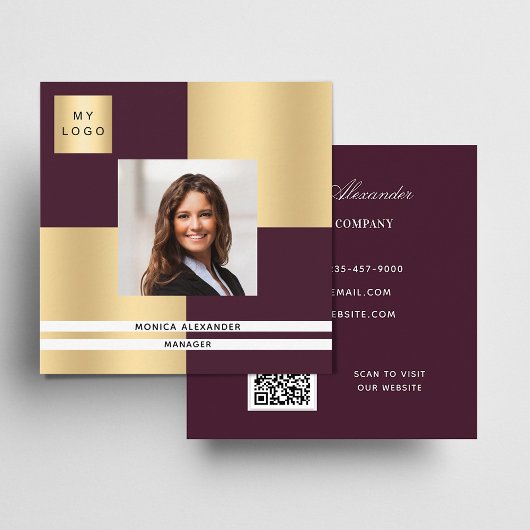 Burgundy gold logo foto QR code Vierkante Visitekaartje