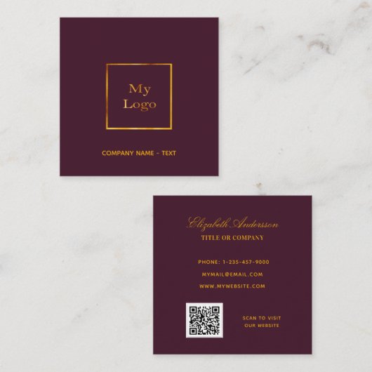 Burgundy gold logo QR-code elegant Vierkante Visitekaartje (Voorkant / Achterkant)
