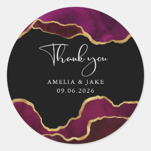 Burgundy Gold Magenta Agate Wedding Dank je Ronde Sticker