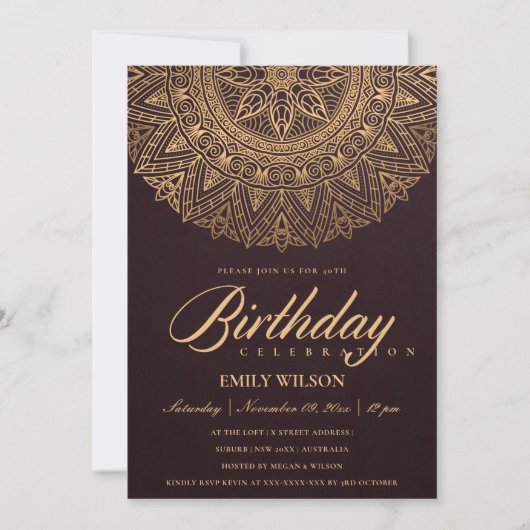 BURGUNDY GOLD MANDALA ELK JAAR 40E BIRTHDAY PARTIJ KAART (Voorkant)