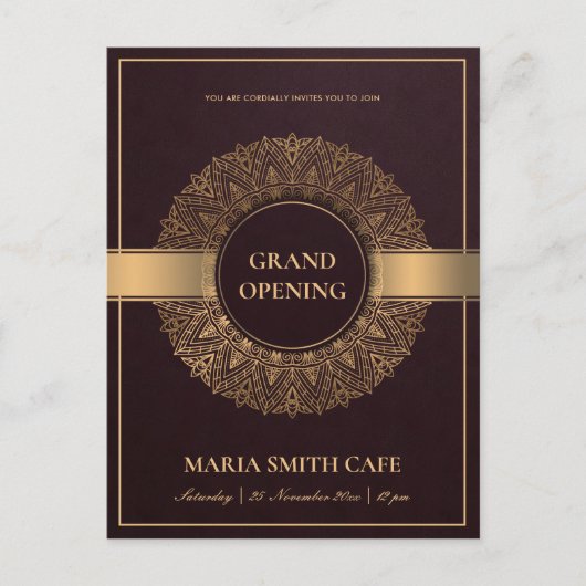 BURGUNDY GOLD  MANDALA GRAND OPENING INVITE BRIEFKAART (Voorkant)