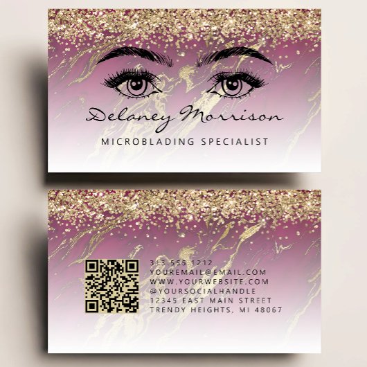 Burgundy Gold Marble Eyes QR Code Microblading Visitekaartje