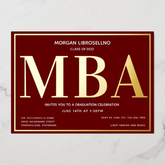 Burgundy Gold MBA Afstuderen Folie Uitnodiging (Voorkant)