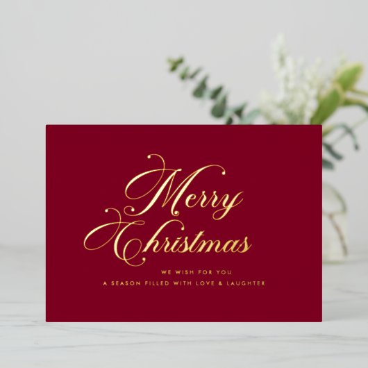 Burgundy Gold Merry Christmas Card Folie Feestdagenkaart (Staand Voorkant)